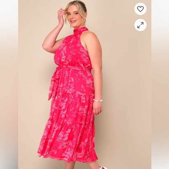 Lulu’s Float to You Hot Pink Floral Print Halter-Neck Tiered Midi Dress XL - Picture 3 of 6